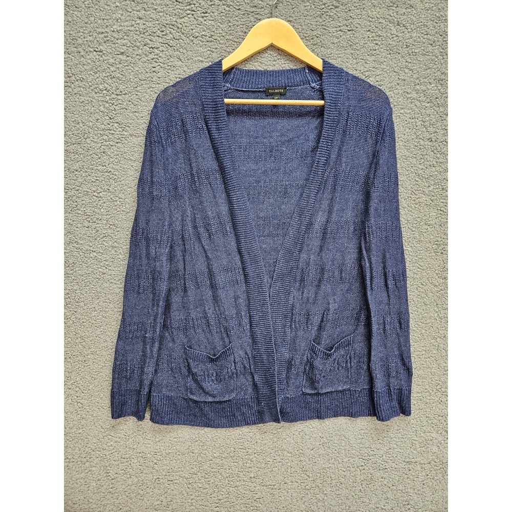 Talbots Cardigan M Blue Linen Coastal Grandmother Quiet Luxury Preppy Minimalist